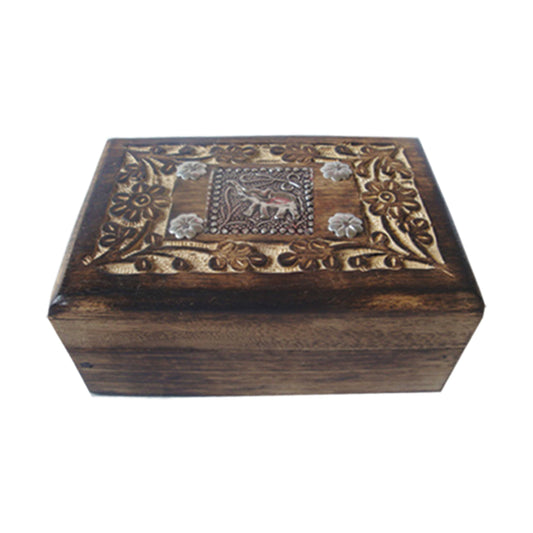 Elephant Carved Wooden Jewelry Box (6 x 4 in)