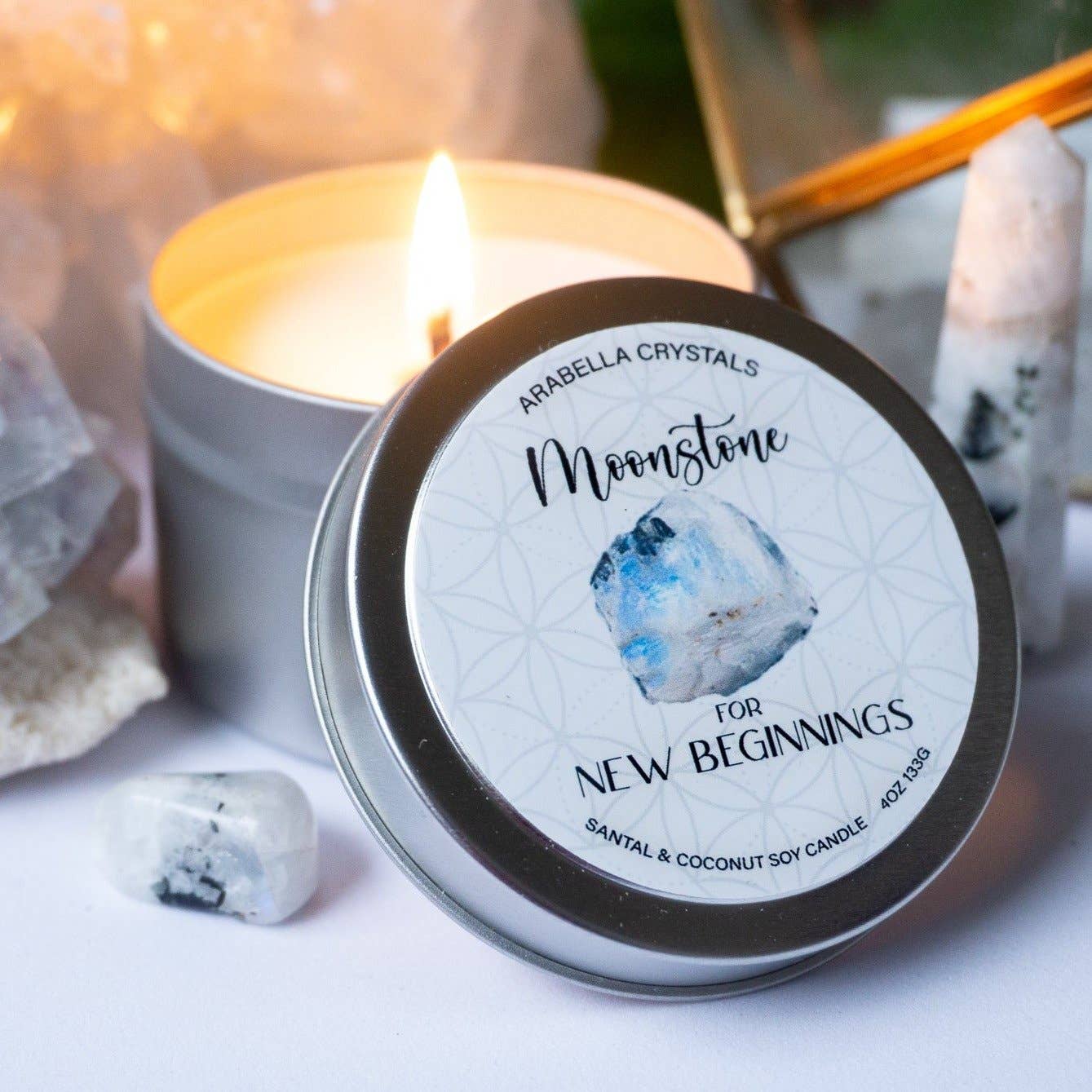 Moonstone Crystal Candle Tin