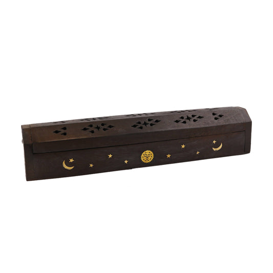 Hand Carved Wooden Incense Burner Box - Sun & Moon (DB)