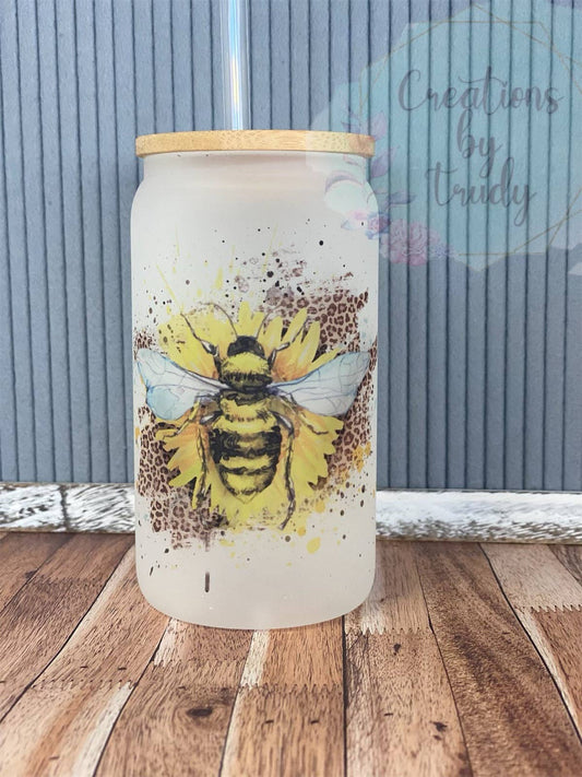 Bee With Sunflower and Cheetah Print- Can Style Glass Drinkware